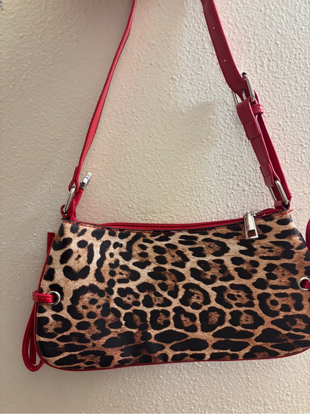 Leopard Print Shoulder Bag with Red Trim